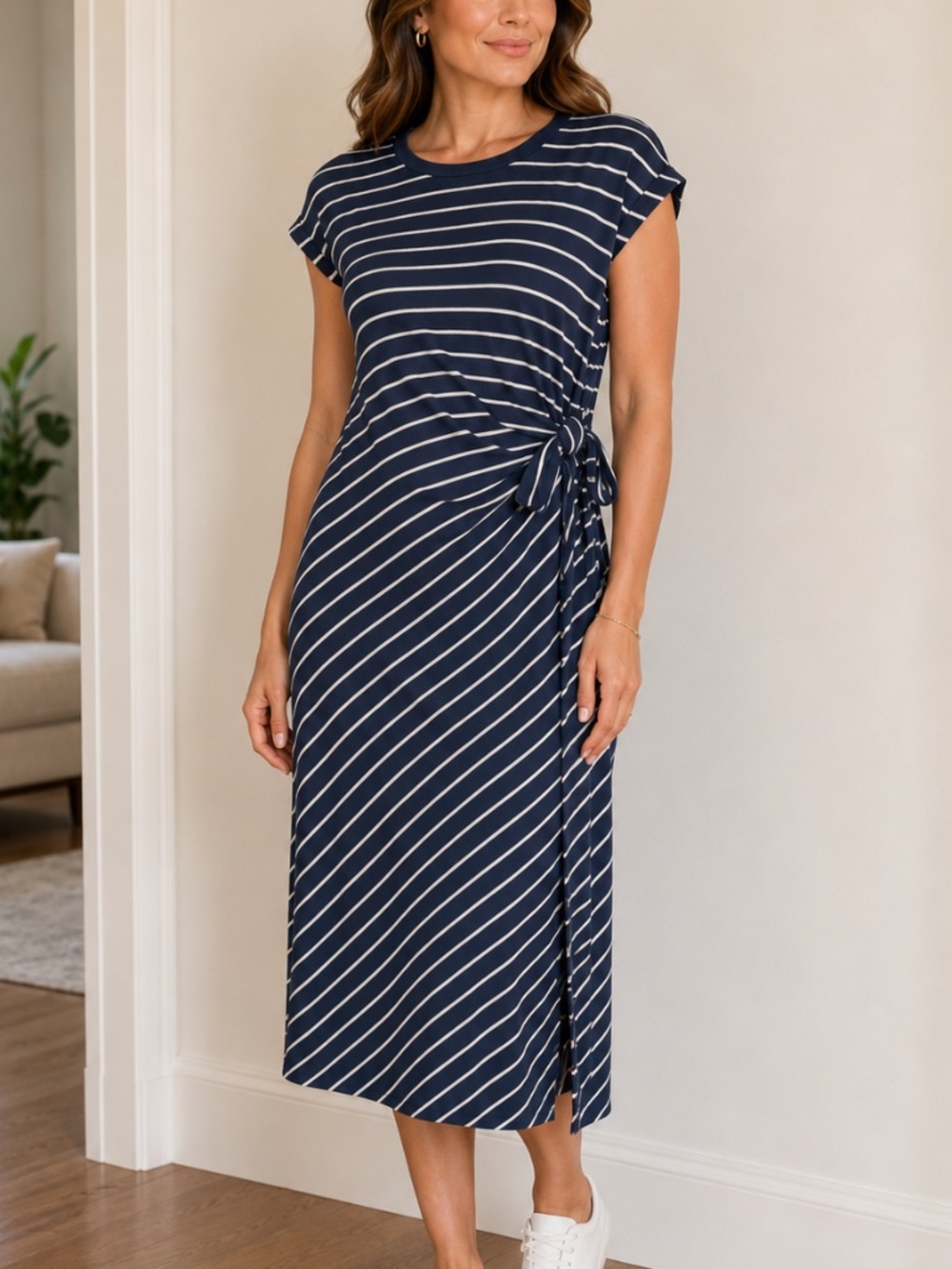 Striped Navy Tie-Detail Midi Dress
